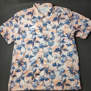 Columbia PFG Shirt Mens Large Blue Hawaiian Fish Palm Tree Print Cotton FM7011
